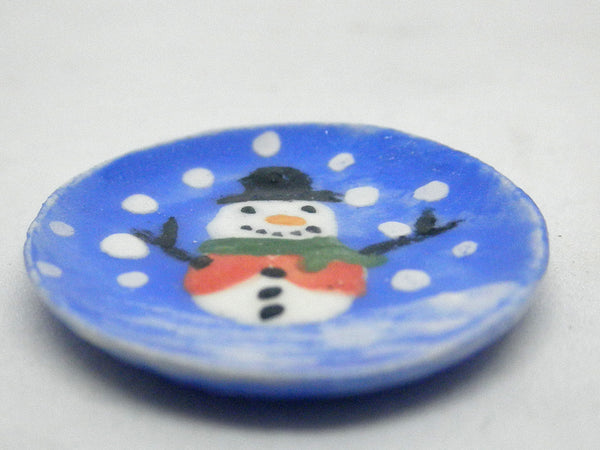 Miniature Christmas plate - Snowman on blue background