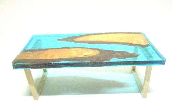 Miniature dining room table resin and wood 1/12th -turquoise