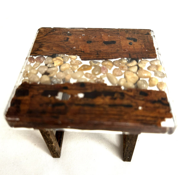 Miniature occasional table resin, wood and river rocks 1/12th - A
