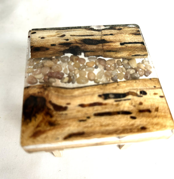 Miniature occasional table resin, wood and river rocks 1/12th - B