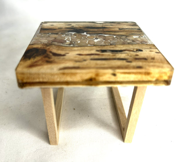 Miniature occasional table resin, wood and river rocks 1/12th - B