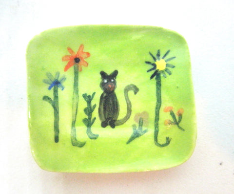 Miniature Ceramic rectangular dish with cat in garden