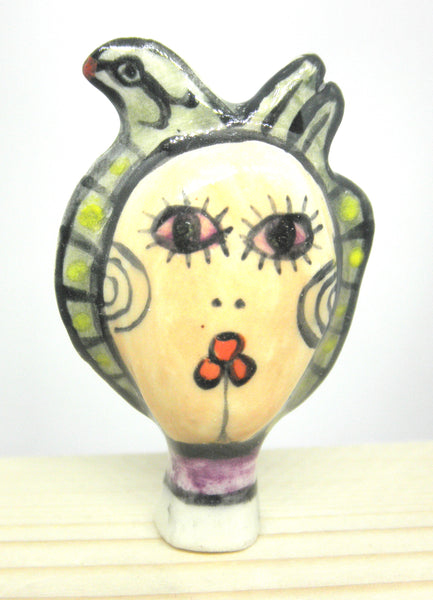 Miniature ceramic sculpture - Bird lady purple.green back