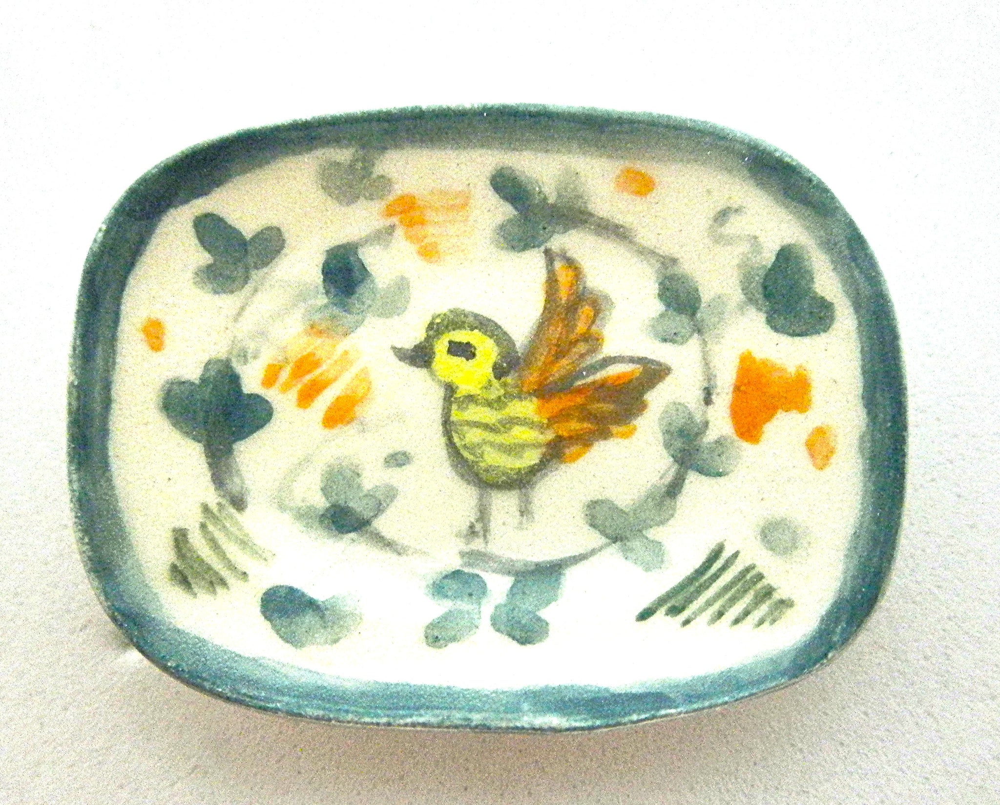 Miniature Majolica ceramic plate with yellow rooster