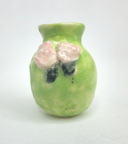 Miniature ceramic vase green with pink roses