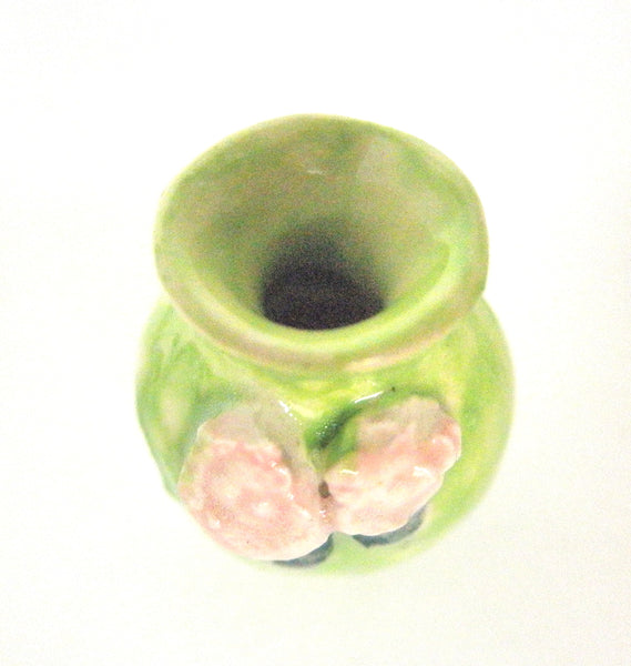 Miniature ceramic vase green with pink roses