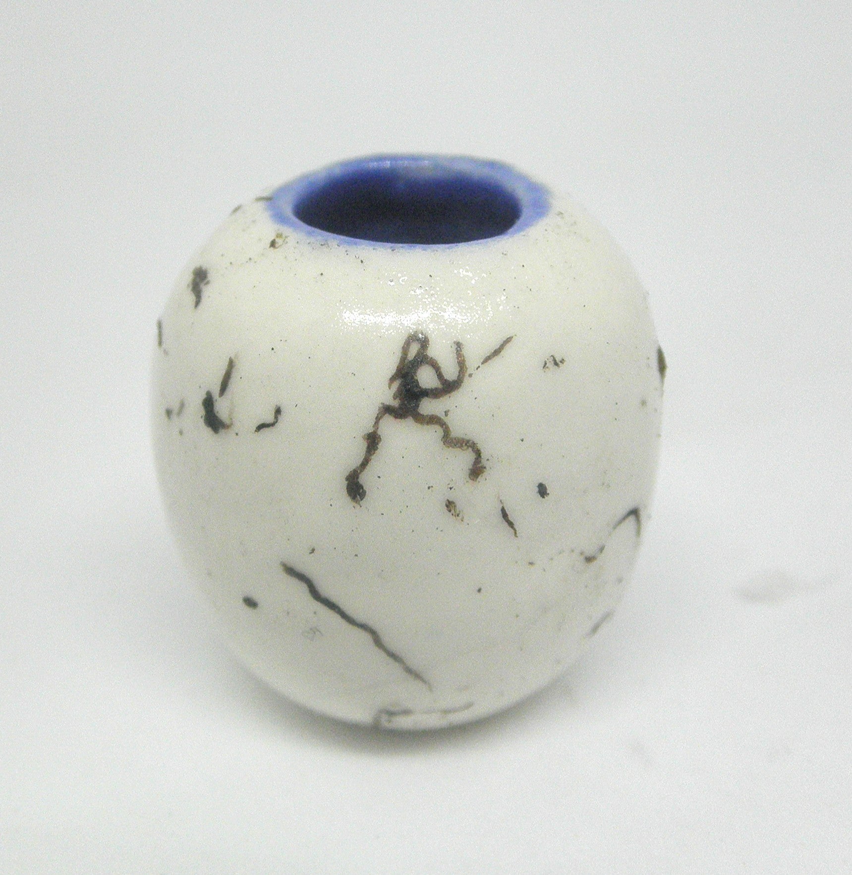 Miniature ceramic small vase with hair decoration. blue inside