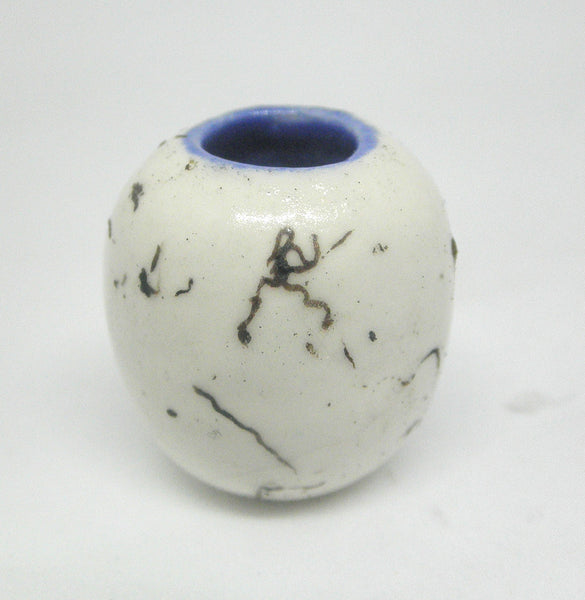 Miniature ceramic small vase with hair decoration. blue inside