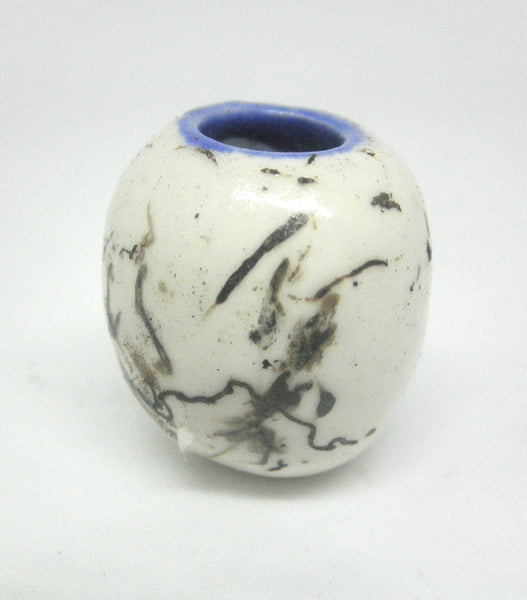 Miniature ceramic small vase with hair decoration. blue inside