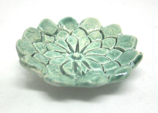 Miniature artist ceramic bowl textured green with scalloped edges-small