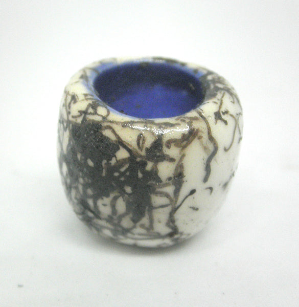 Miniature ceramic small vase with hair decoration. blue inside - B