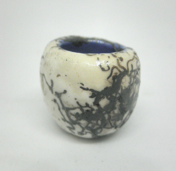 Miniature ceramic small vase with hair decoration. blue inside - B