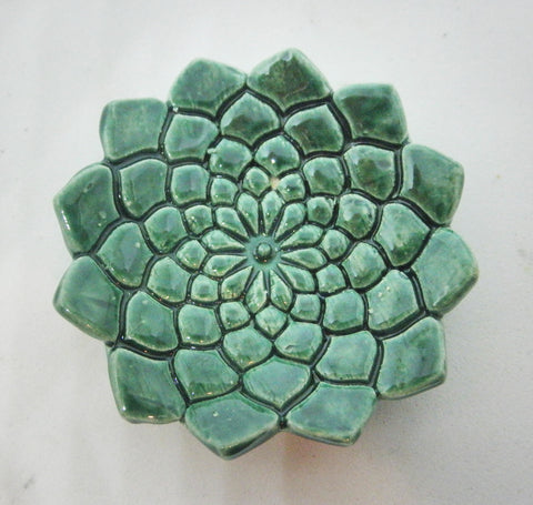 Miniature artist OOAK ceramic bowl textured green with scalloped edges