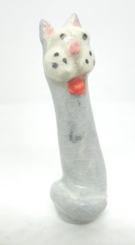 Miniature whimsical ceramic cat sculpture - tall grey