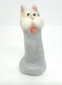 Miniature whimsical ceramic cat sculpture - grey