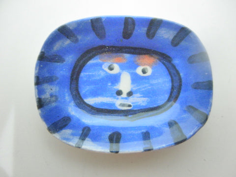 Miniature Picasso inspired ceramic plate -  blue face