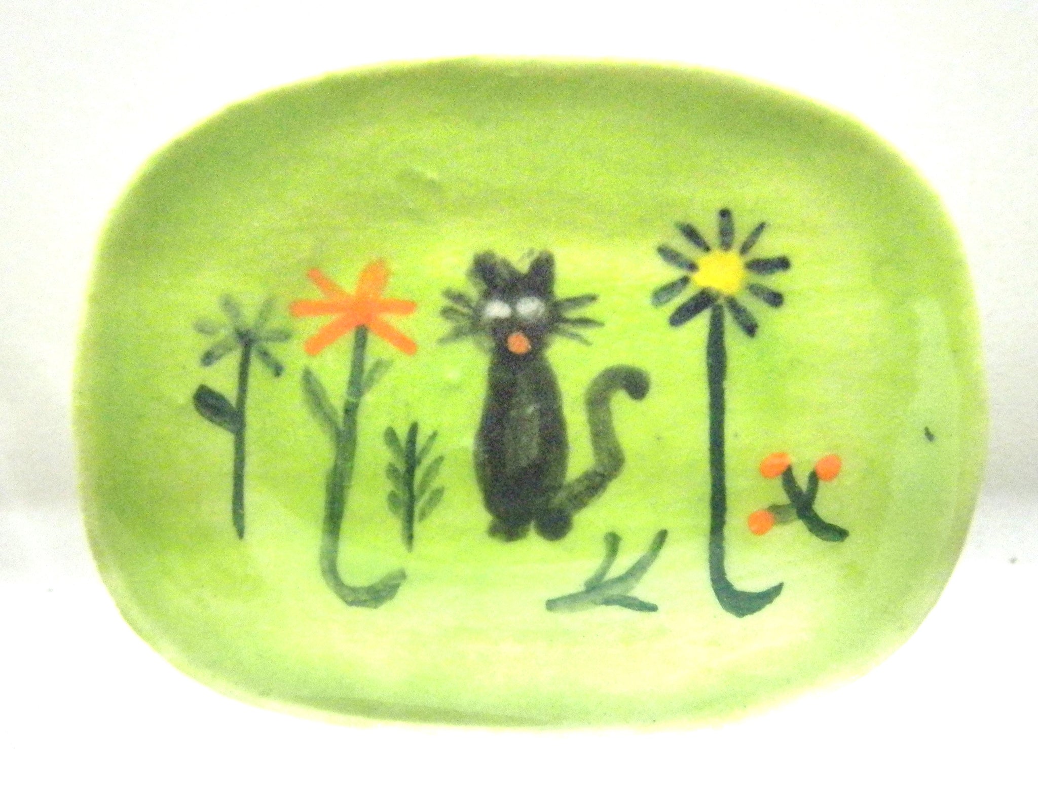 Miniature Ceramic rectangular dish with cat in garden