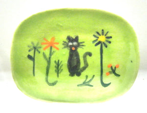 Miniature Ceramic rectangular dish with cat in garden
