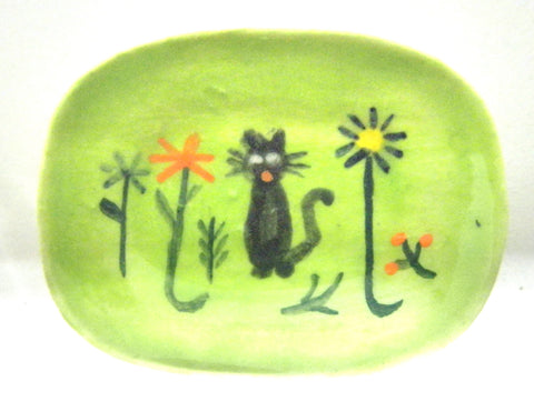 Miniature Ceramic rectangular dish with cat in garden