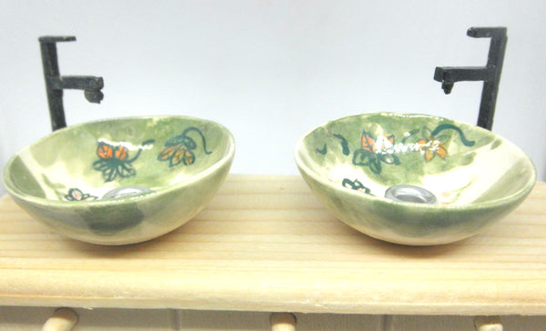 Set of 2 Vessel sinks 1/12th green with flowers
