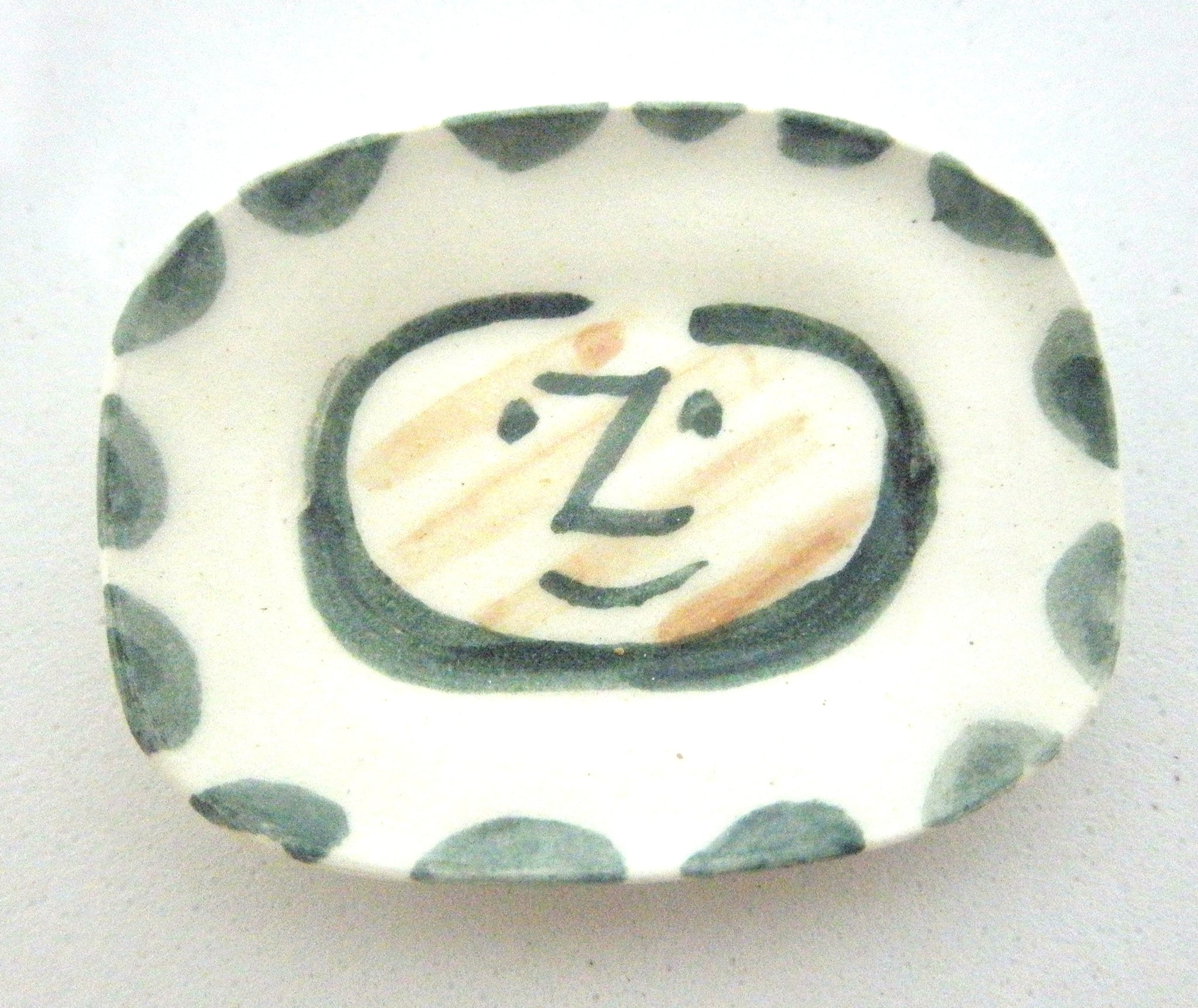Miniature Picasso inspired ceramic plate -  face with green dots