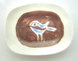 Miniature Picasso inspired ceramic plate -  bird on brown background