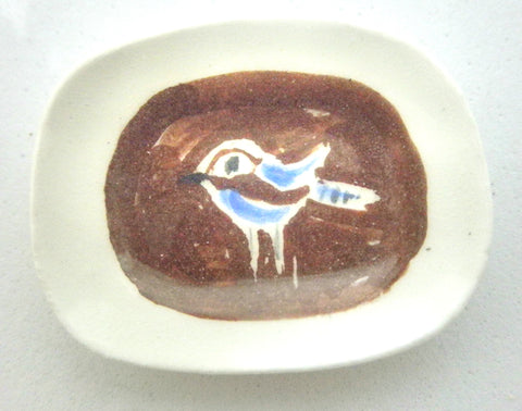 Miniature Picasso inspired ceramic plate -  bird on brown background