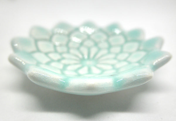 Miniature artist OOAK ceramic bowl textured light green with scalloped edges