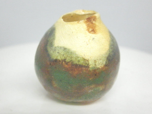 Miniature ceramic gourd vase with green and brown glaze