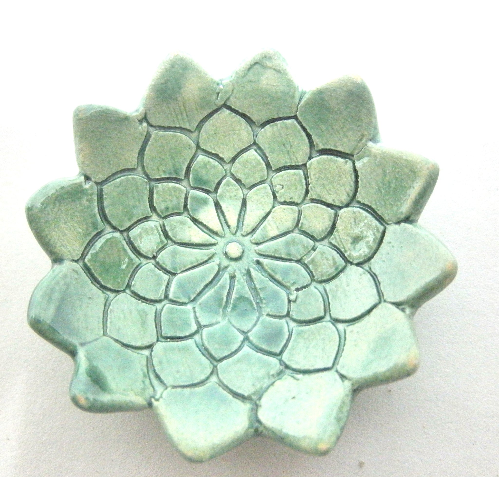 Miniature artist OOAK ceramic bowl textured green with scalloped edges