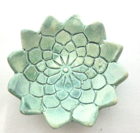 Miniature artist OOAK ceramic bowl textured green with scalloped edges