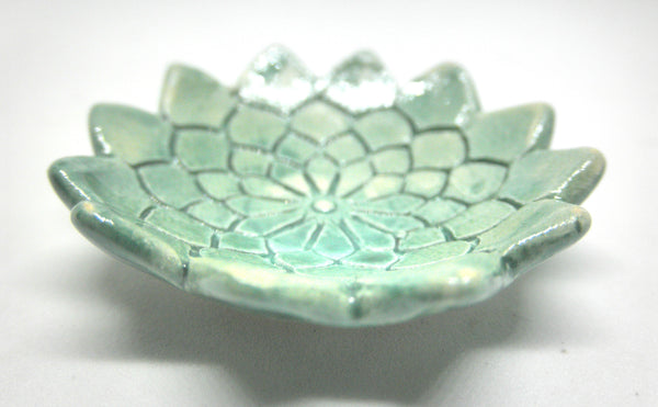 Miniature artist OOAK ceramic bowl textured green with scalloped edges