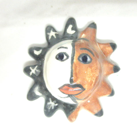 Miniature ceramic Mexican Sun sculpture Moon and Sun