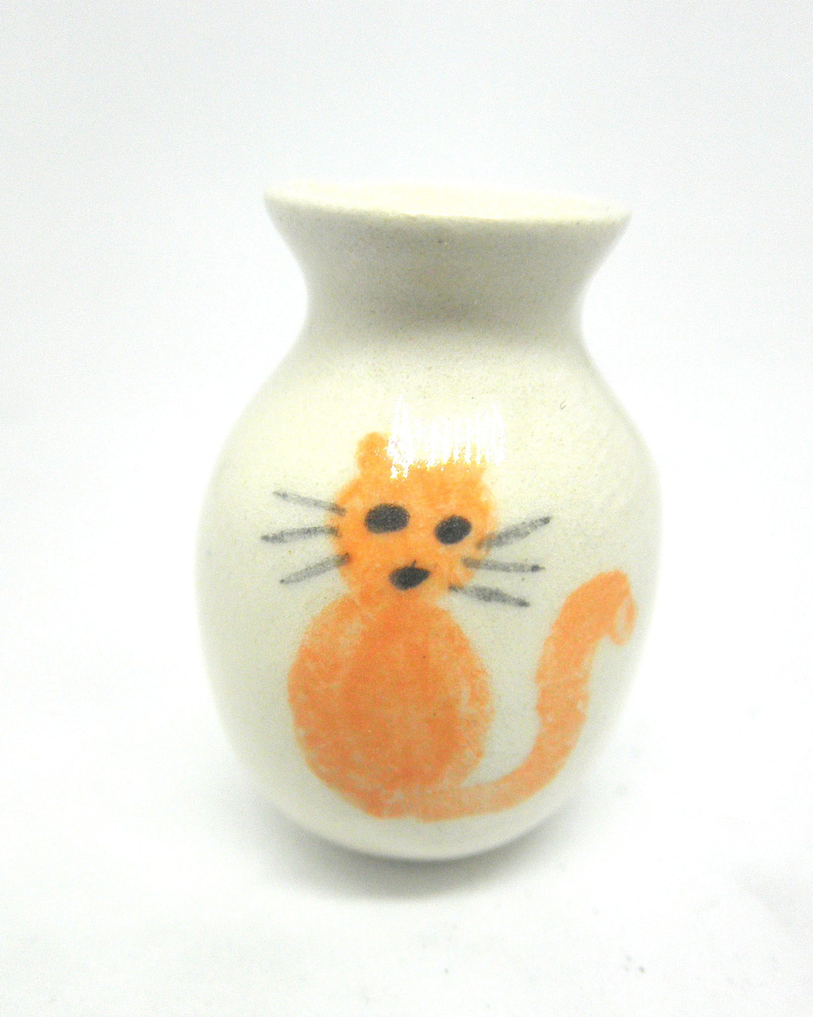 Dollhouse Miniature white vase with sitting ginger cat