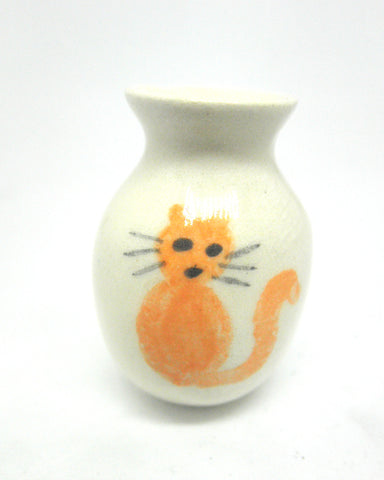 Dollhouse Miniature white vase with sitting ginger cat
