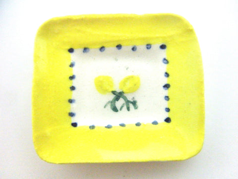 Miniature Majolica ceramic plate with lemons and yellow border