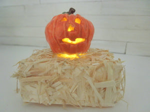 Dollhouse Miniature carved Pumpkin lit on a bale of hay #4
