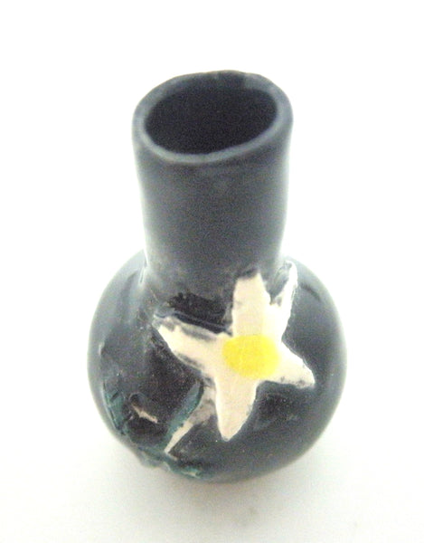 Miniature ceramic vase black with white flower