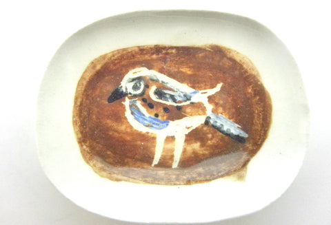 Miniature Picasso inspired ceramic plate -  bird on brown background