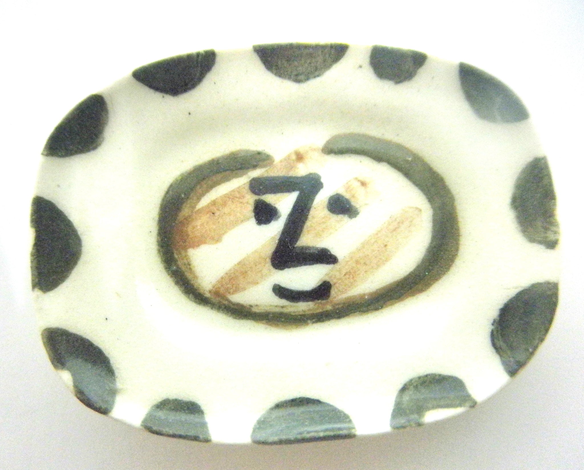 Miniature Picasso inspired ceramic plate -  face with green dots