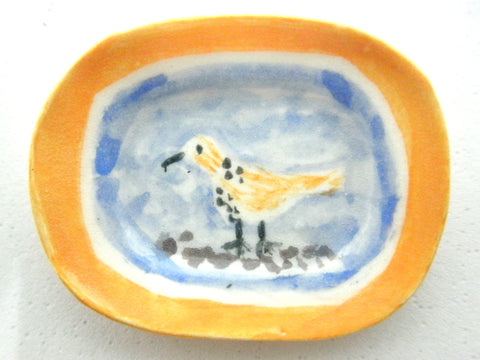 Miniature Picasso inspired ceramic plate -  bird with orange border
