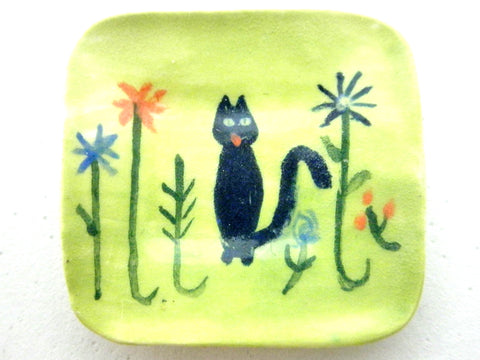 Miniature Ceramic rectangular dish with cat in garden