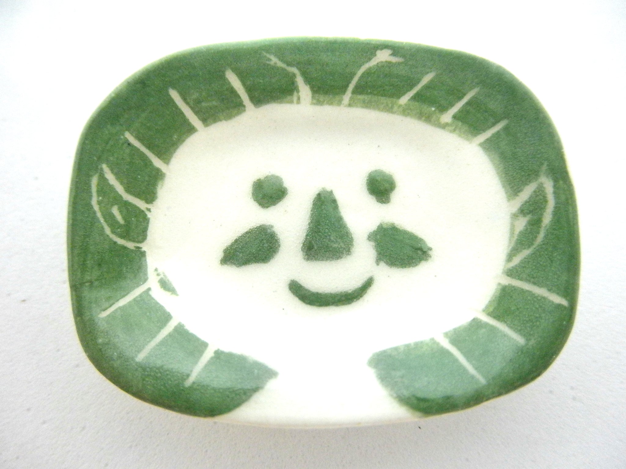 Miniature Picasso inspired ceramic plate -  faun with green border