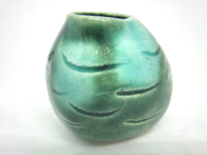 Miniature ceramic carved green vase green and turquoise