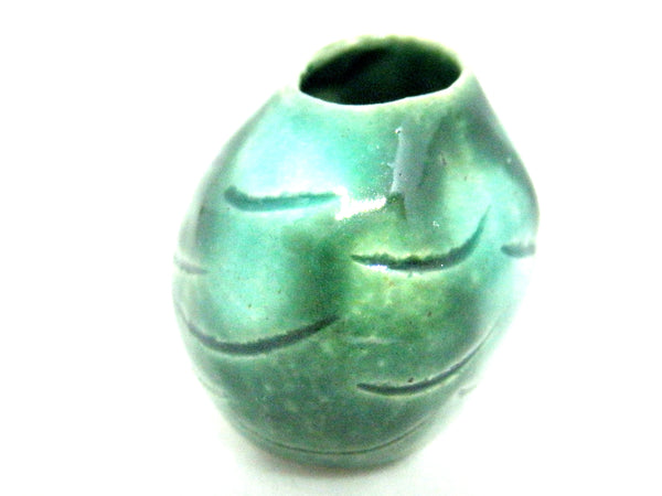 Miniature ceramic carved green vase green and turquoise