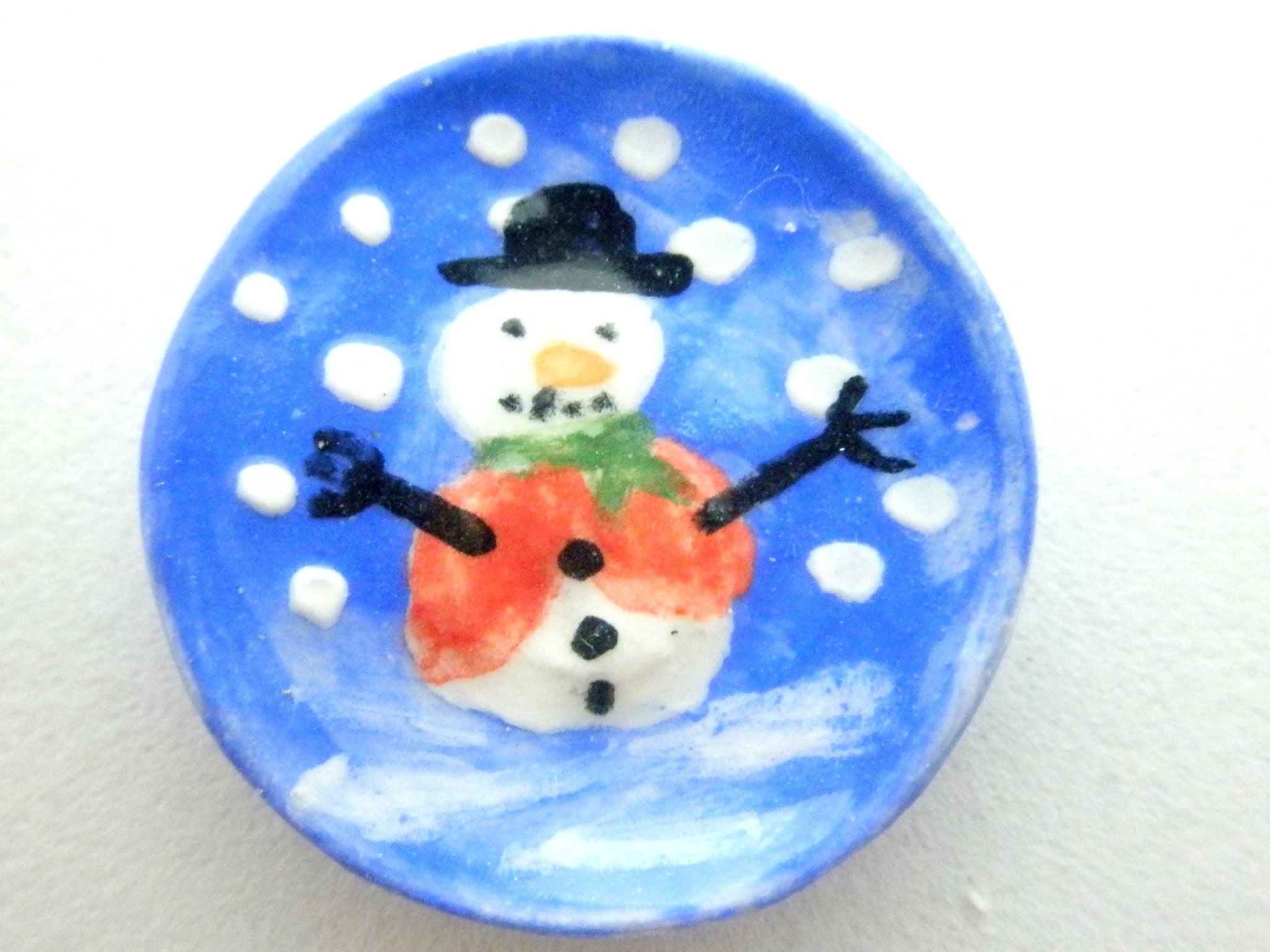 Miniature Christmas plate - Snowman on blue background