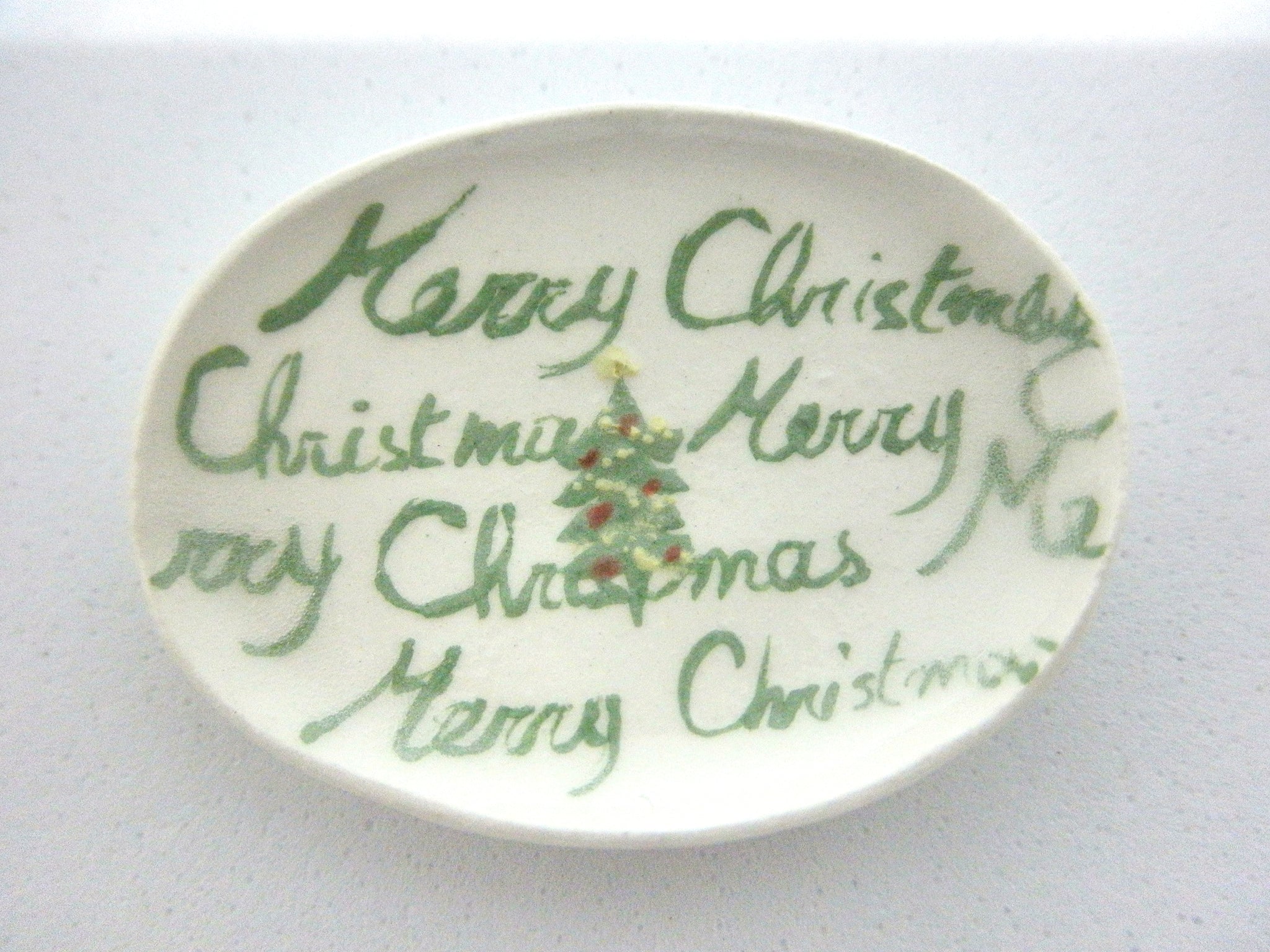 Miniature Christmas oblong plate - spruce with writing on background