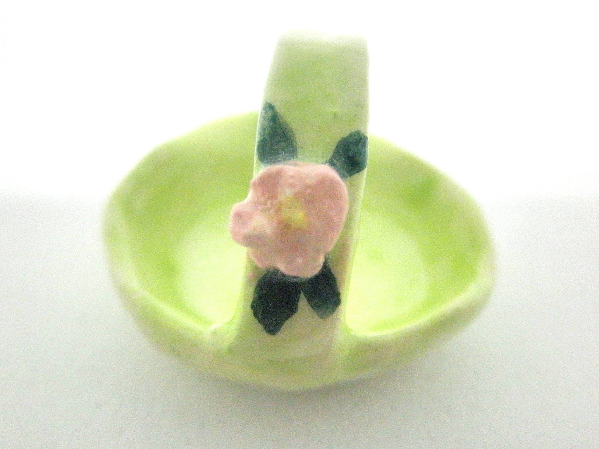 Dollhouse miniature ceramic Easter basket light green with rose