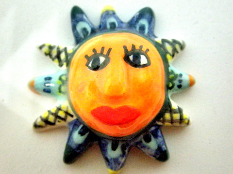 Miniature ceramic Mexican Sun sculpture with checkered sides