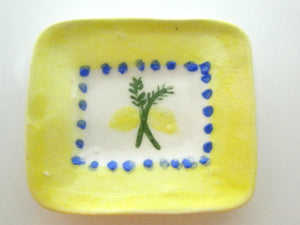 Miniature Majolica ceramic plate with lemons and yellow border